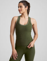 green midway length racerback tank with white contrast trim.