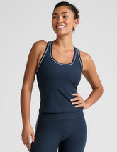 blue midway length racerback tank with white contrast trim.