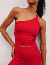 red one-shoulder strap cropped tank top.