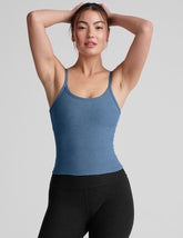 blue waist length spaghetti strap tank top.