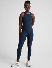 blue long length tank with a high scoop neckline.