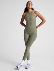 grey classic length racerback tank top with a high scoop neckline.