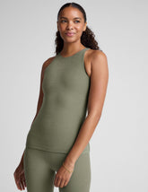 grey classic length racerback tank top with a high scoop neckline.