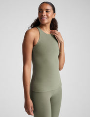 grey classic length racerback tank top with a high scoop neckline.