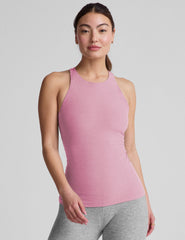 pink classic length high scoop neck racerback tank top.