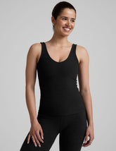black waist length tank top with a front and back v neckline.