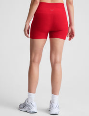 red high-waisted 3" length biker shorts.