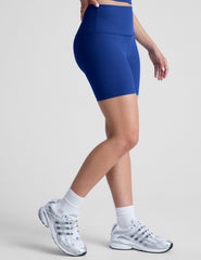 blue high-waisted 5" inseam biker shorts.