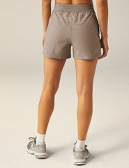 brown shorts with pockets.