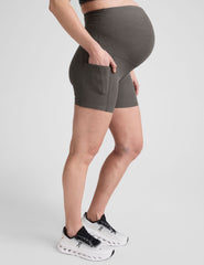 grey maternity biker shorts with side pockets.