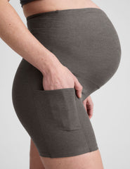 grey maternity biker shorts with side pockets.
