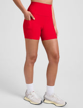 red high-waisted 5" inseam biker shorts with pockets.