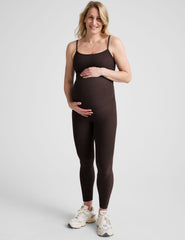 brown maternity midi length tank jumpsuit with adjustable straps.