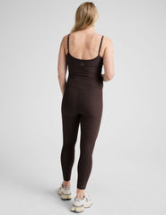 brown maternity midi length tank jumpsuit with adjustable straps.