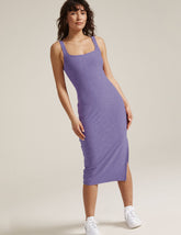 purple square neck body con midi dress with a front side slit.