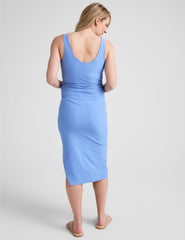 blue midi length maternity dress with a v-neckline and side slit.