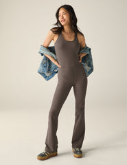 brown racerback sleeveless flare jumpsuit.