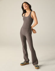 brown racerback sleeveless flare jumpsuit.