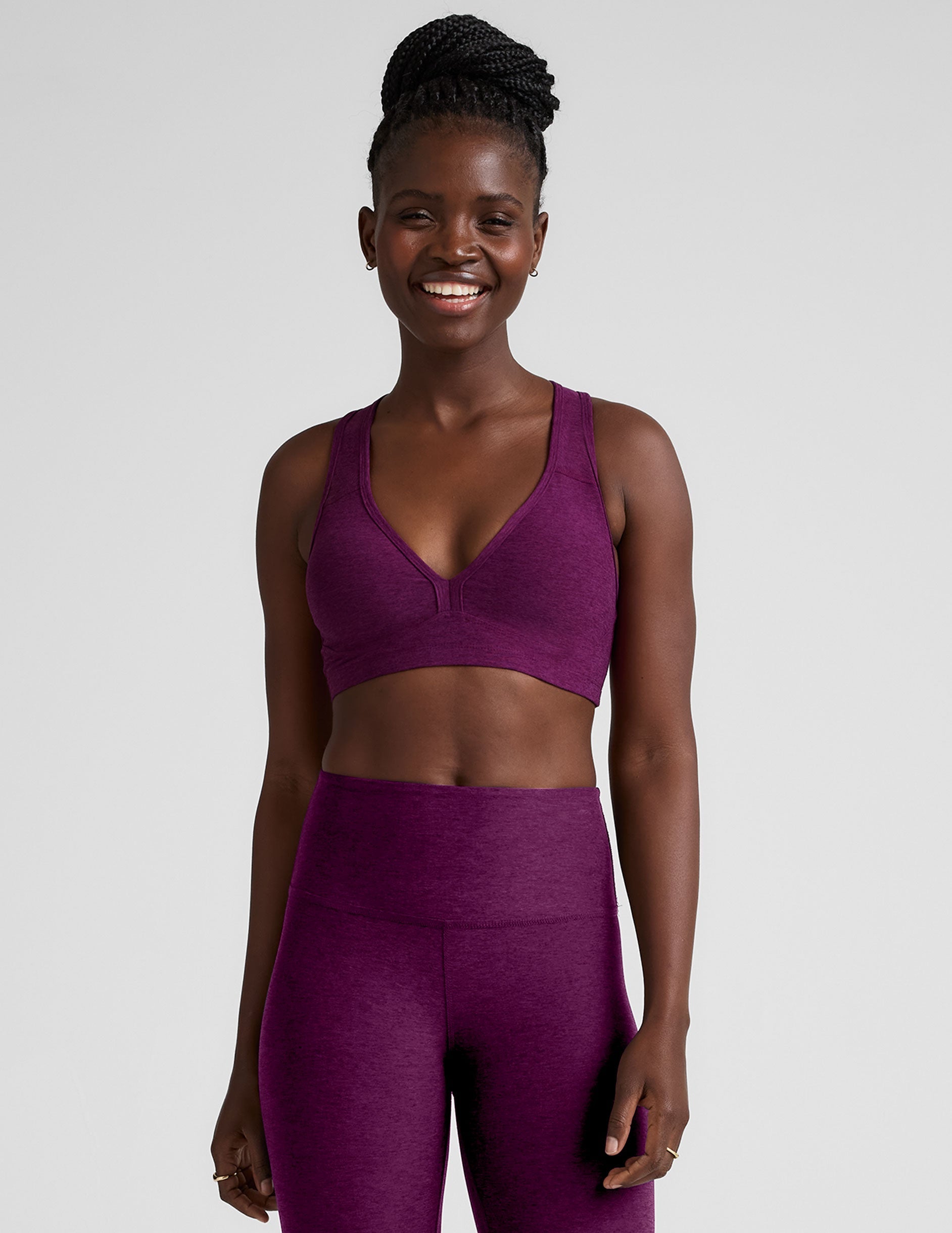 purple v-neck sports bra with remove-able pads.