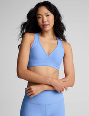 blue racerback bra with removable pads.