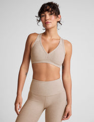 brown v-neck active bra with self lining and remove-able bra pads.