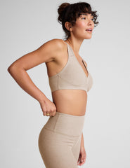 brown v-neck active bra with self lining and remove-able bra pads.