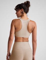 brown v-neck active bra with self lining and remove-able bra pads.