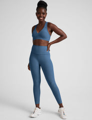 blue v-neck racerback bra with remove-able pads.