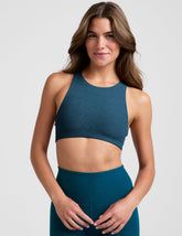 blue high-neck racerback bra.