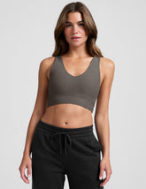 gray long line style bra with a front and back v-neck.