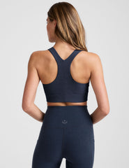 blue long line racerback bra.