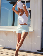 blue terry fabric shorts.