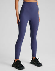 blue midi length leggings with a 4" waistband and no front rise seam. 