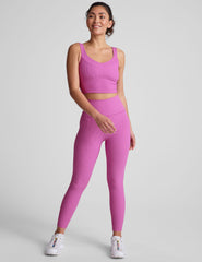 pink midi length ribbed leggings with a 4" waistband. 