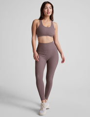 brown midi length ribbed leggings with a 4" waistband. 