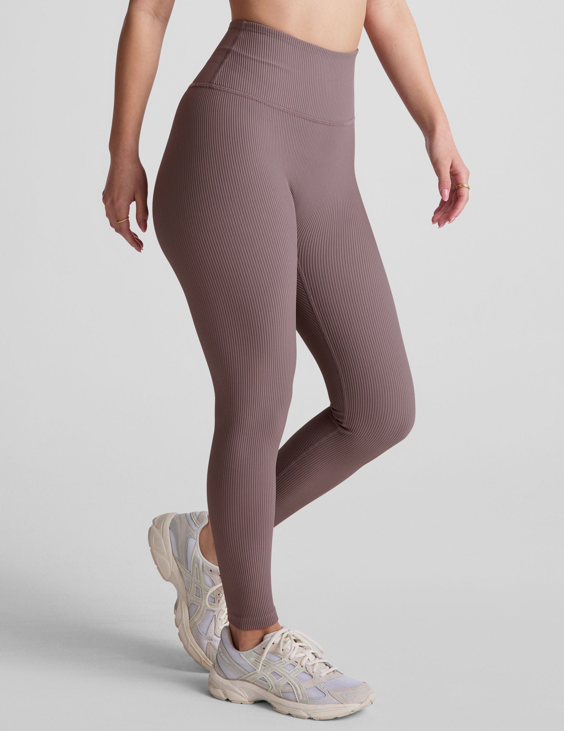 brown midi length ribbed leggings with a 4" waistband. 