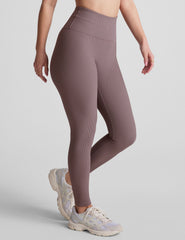 brown midi length ribbed leggings with a 4" waistband. 