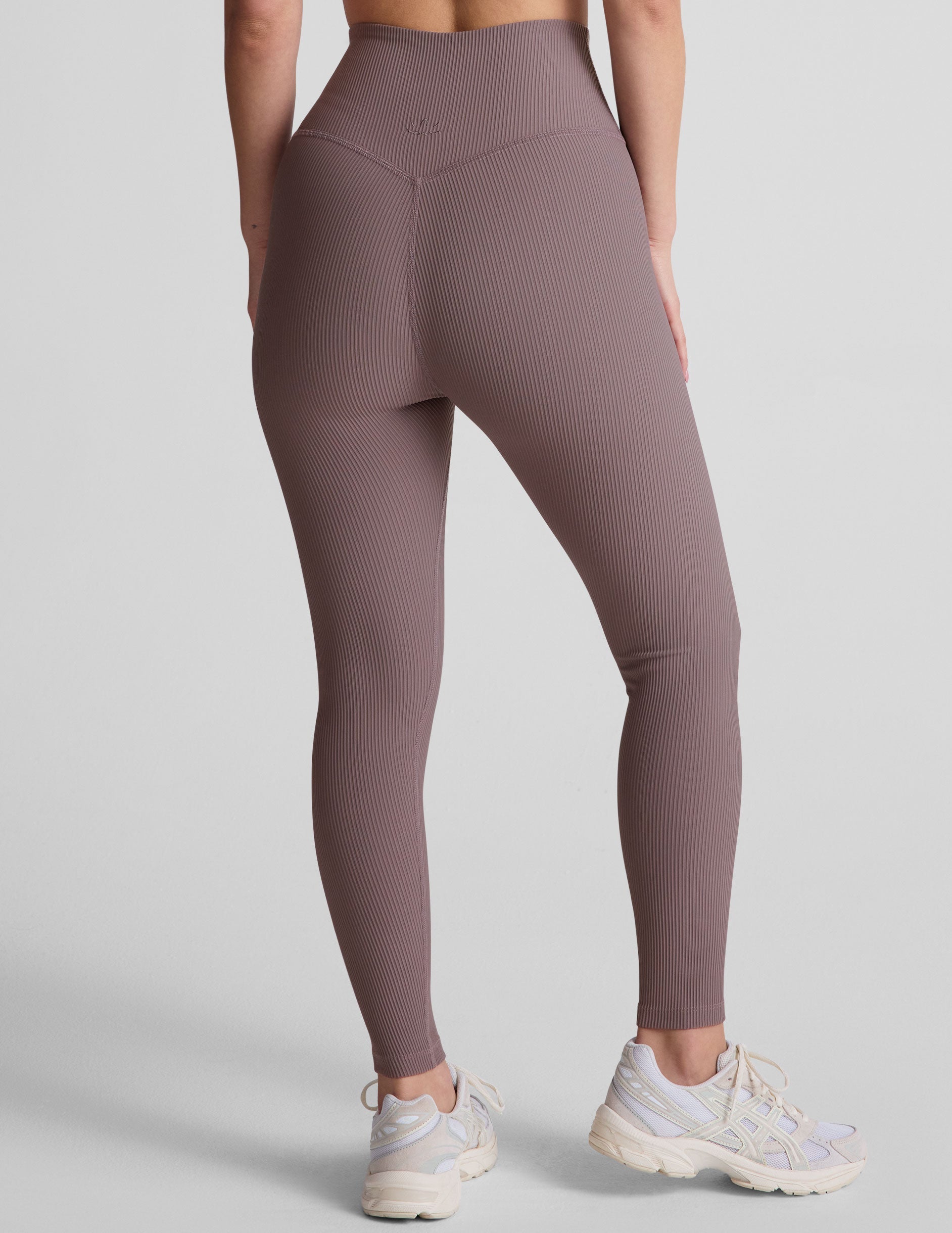 brown midi length ribbed leggings with a 4" waistband. 