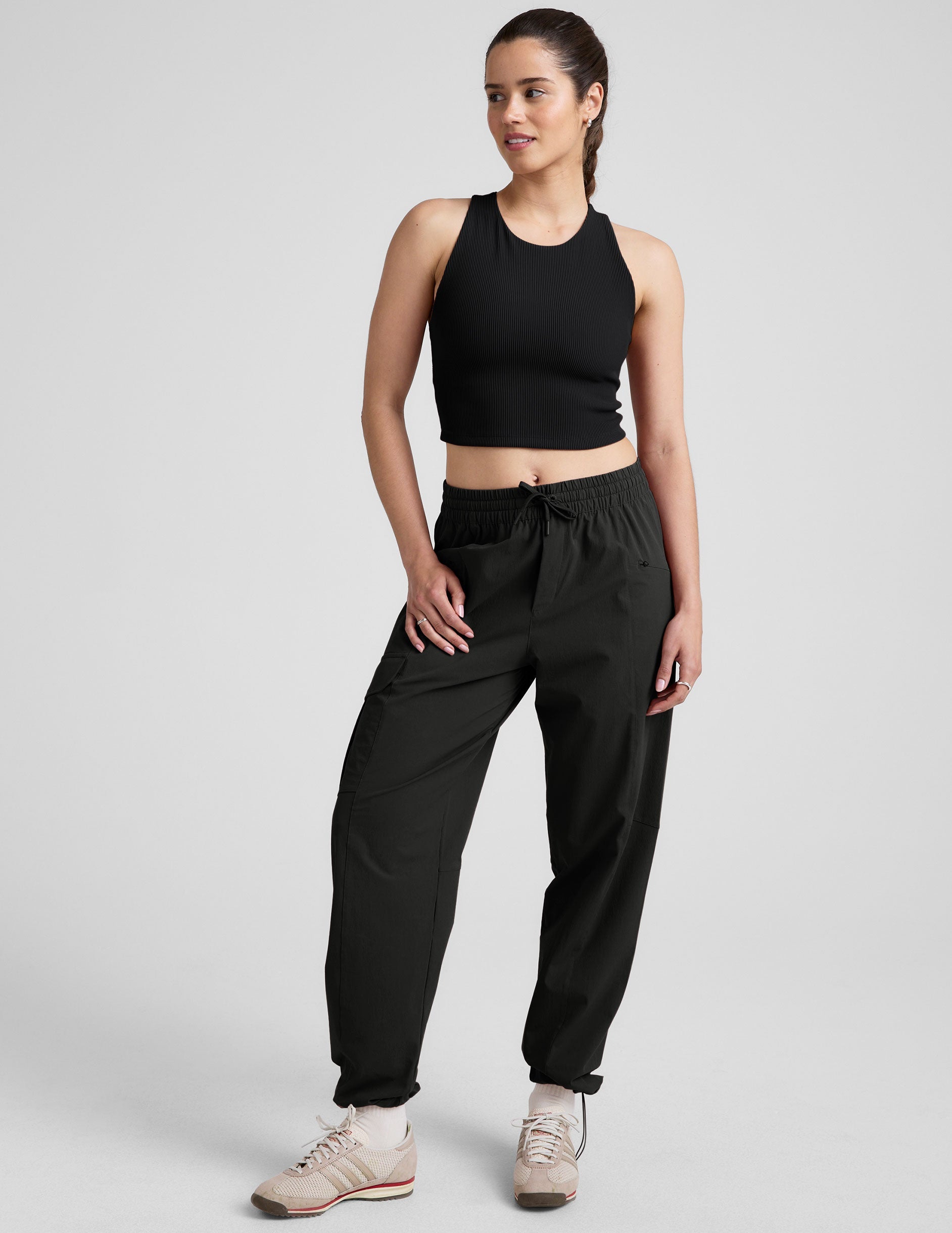 black ribbed high-neck cropped racerback tank.