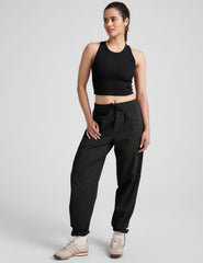 black ribbed high-neck cropped racerback tank.