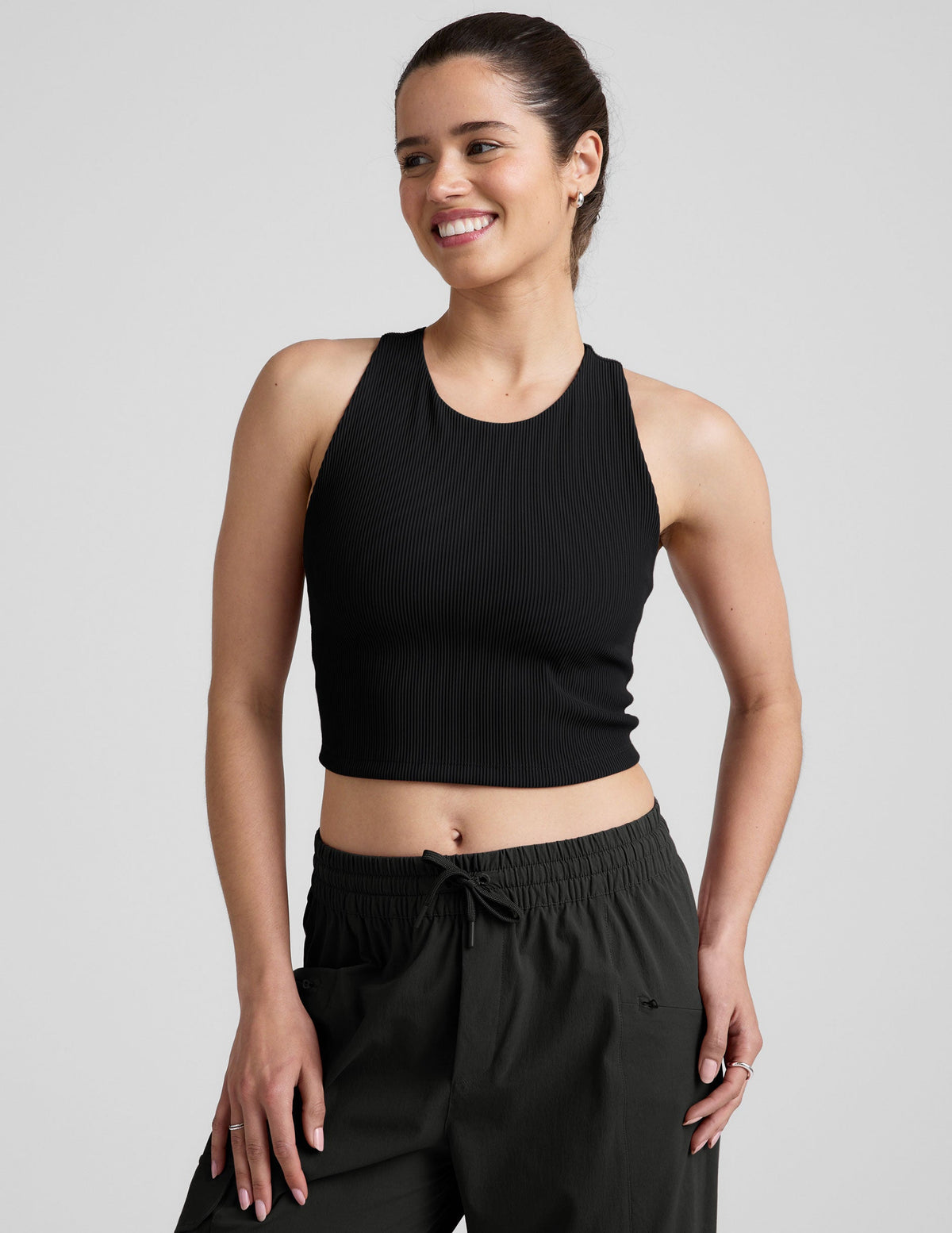 black ribbed high-neck cropped racerback tank.