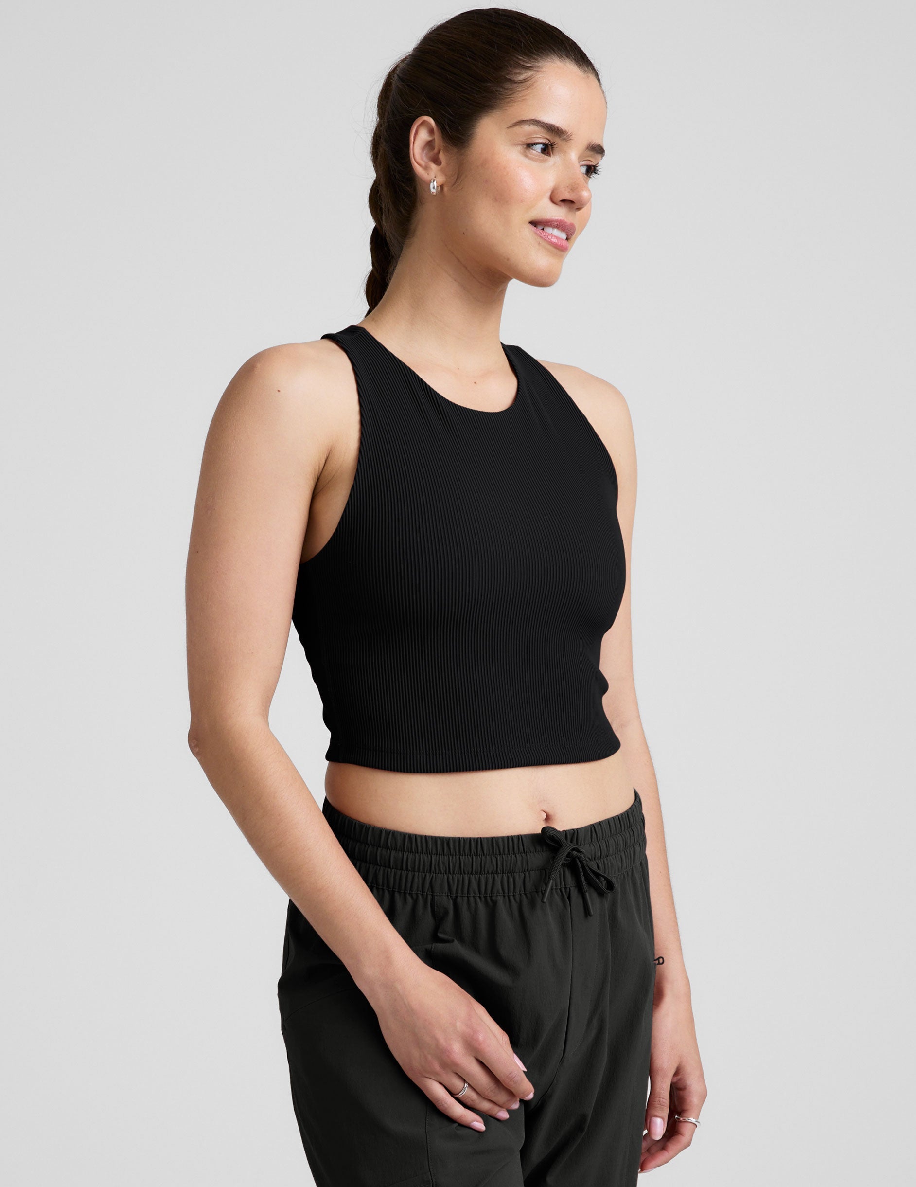 black ribbed high-neck cropped racerback tank.