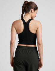 black ribbed high-neck cropped racerback tank.