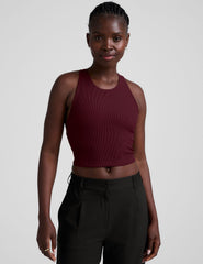 red ribbed high-neck cropped racerback tank.