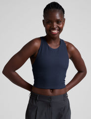 blue high-neck ribbed cropped racerback tank.