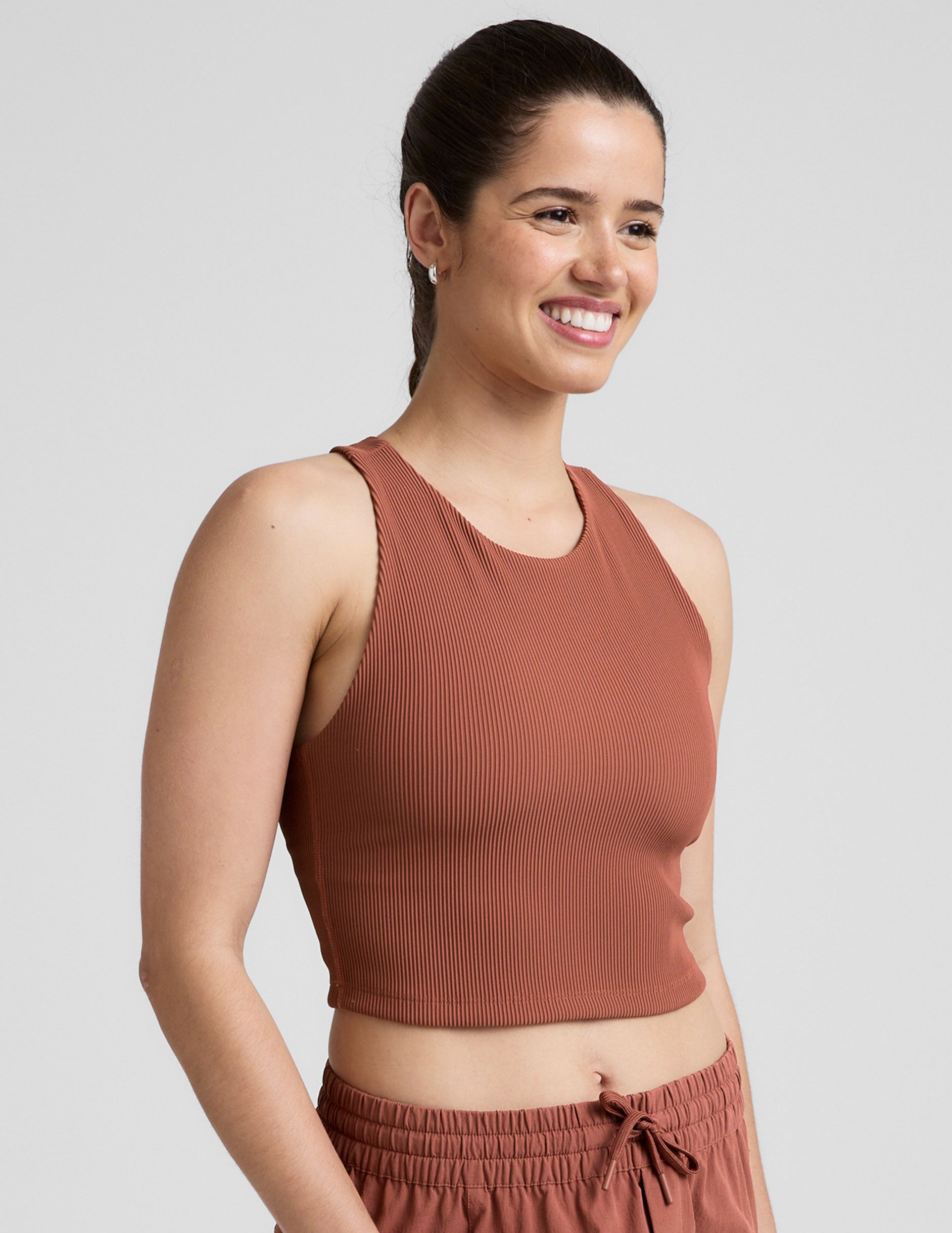 red high-neck ribbed cropped racerback tank.