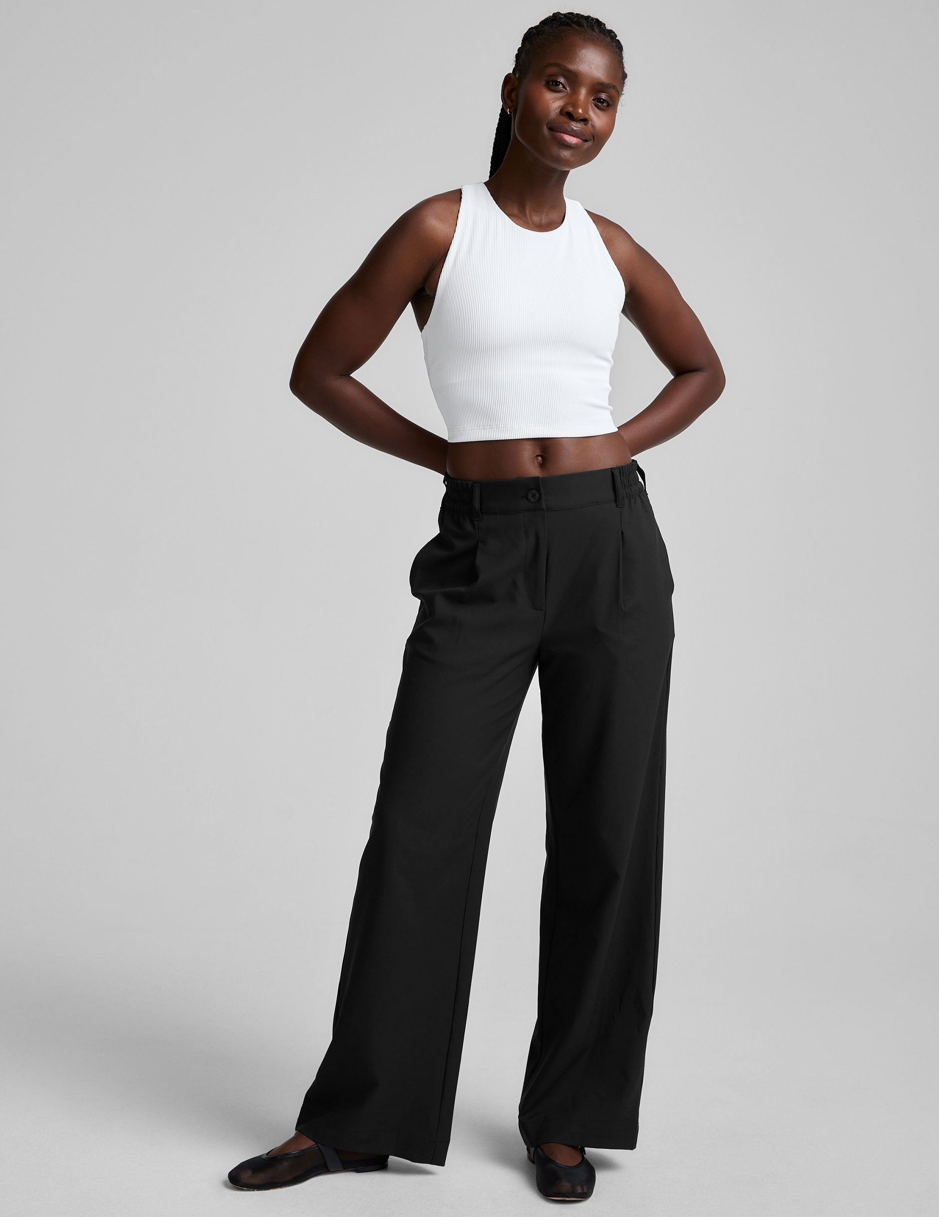 white high-neck ribbed cropped racerback tank.