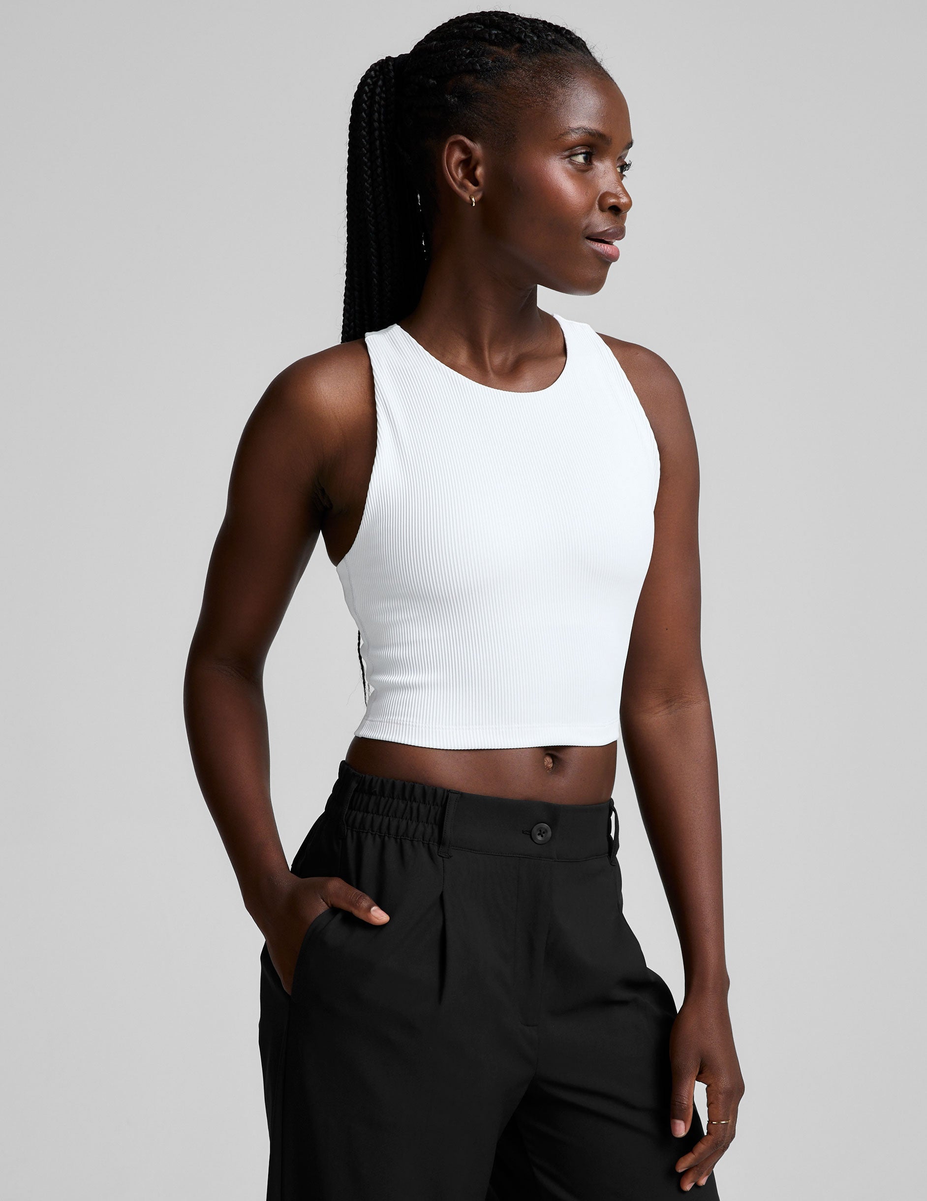 white high-neck ribbed cropped racerback tank.