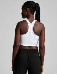 white high-neck ribbed cropped racerback tank.