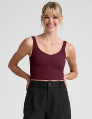 red cropped ribbed tank top with a soft v neckline.